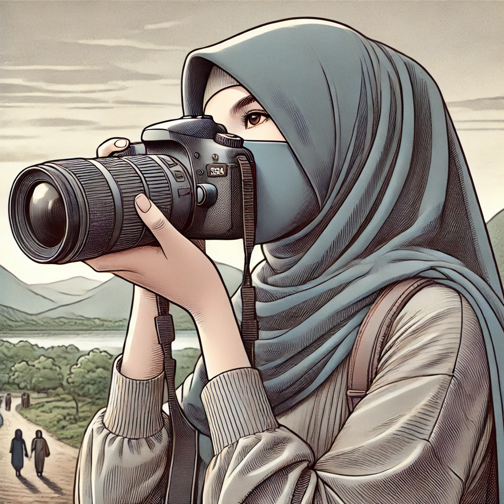 Dall·e 2024 10 03 13.33.05 A Detailed Illustration Of A Woman Wearing A Hijab, Holding A Dslr Camera With A Grey Telephoto Lens, Taking Pictures Of A Scenic Landscape. The Woman