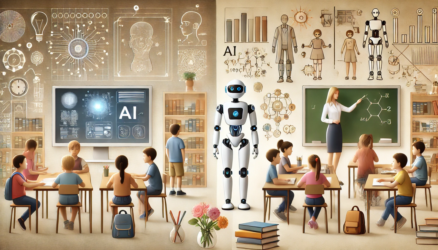 Dall·e 2024 11 08 10.05.38 A Split Screen Illustration Showing The Contrast Between Ai And Traditional Teachers In The Education World. On One Side, An Ai Powered Robot Is Assis