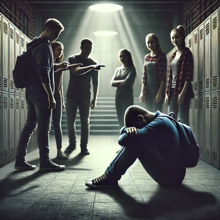 Dall·e 2025 02 24 10.45.25 A Powerful And Emotional Illustration About School Bullying. The Image Depicts A Lonely Student Sitting On The Ground, Head Down, While A Group Of Stu