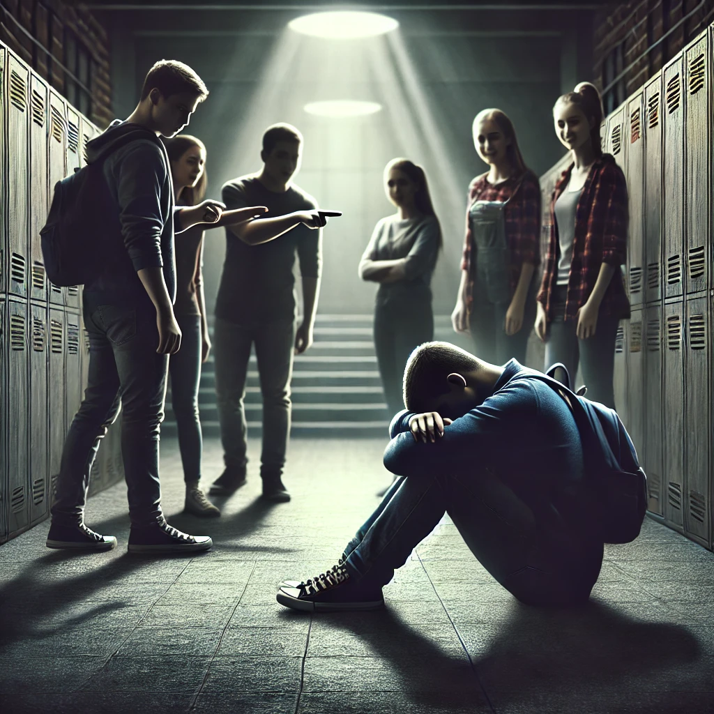 Dall·e 2025 02 24 10.45.25 A Powerful And Emotional Illustration About School Bullying. The Image Depicts A Lonely Student Sitting On The Ground, Head Down, While A Group Of Stu