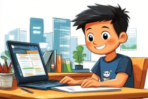 Boy Learning Online with Laptop in Modern City