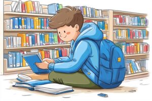 Boy Reading Book in Library Vector Illustration