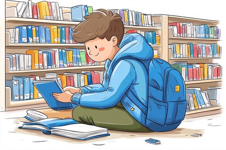 Boy Reading Book in Library Vector Illustration