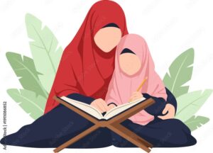 Mother and daughter reading Quran together Islamic education