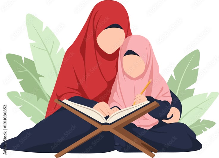 Mother and daughter reading Quran together Islamic education