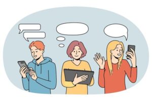 People with gadgets communicate online Premium Vector