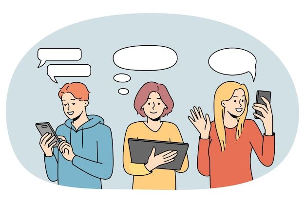 People with gadgets communicate online Premium Vector