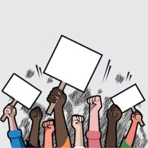 Symbol of protest for political claims background vector crowd of people with flags, banners Premium Vector