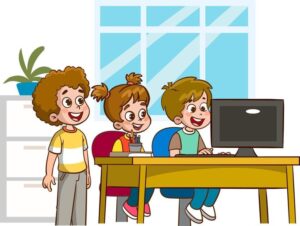 Niños lindos felices estudiando en la computadora en la mesa