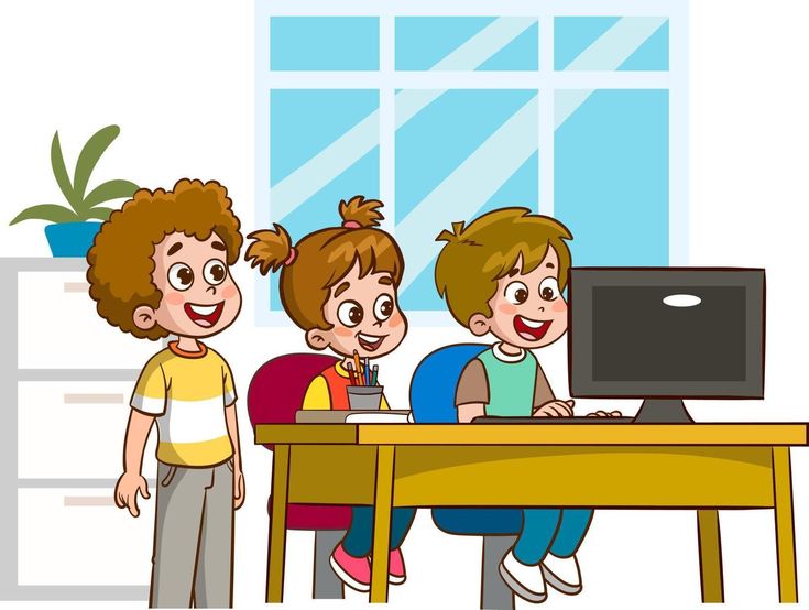 Niños lindos felices estudiando en la computadora en la mesa